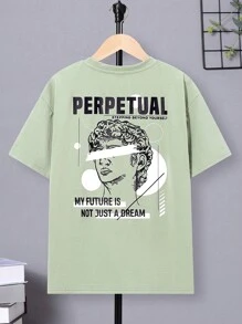 SHEIN 青少年男孩寬鬆剪裁雕塑與字母印花t恤,肩線下垂的街頭風格 - 綠色 - 查看 1