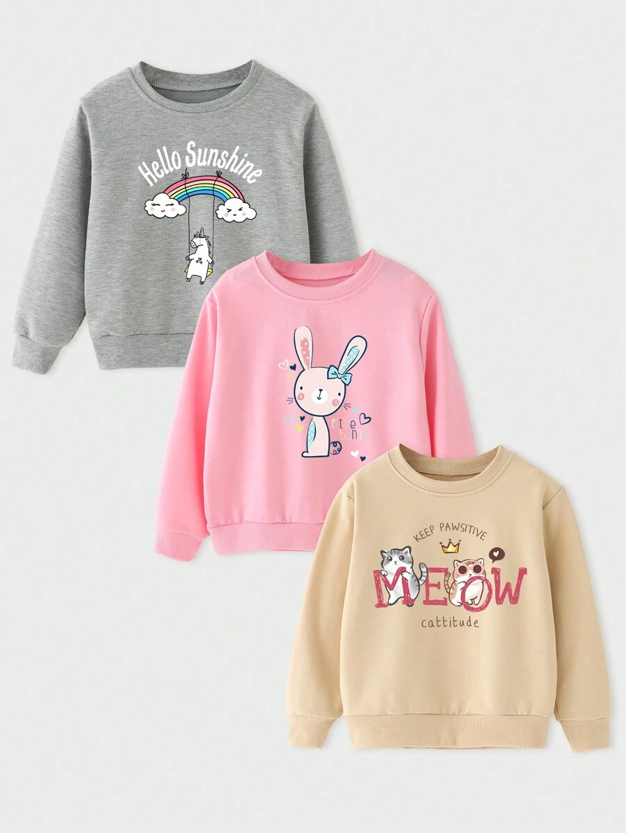 SHEIN Girls' Cartoon Printed Round Neck Sweatshirt - Multicolor - View 1