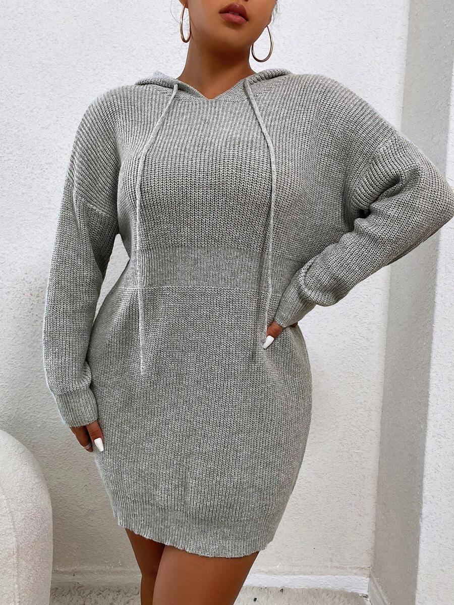 SHEIN LUNE Women'S Plus Size Solid Color Drawstring Hooded Sweater Dress - Light Grey - View 1
