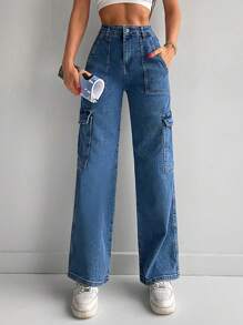 High Waist Flap Pocket Cargo Jeans - Blue - View 1