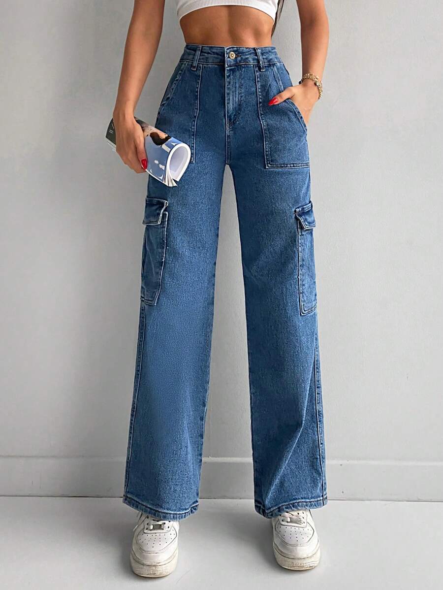 High Waist Flap Pocket Cargo Jeans - Blue - View 1