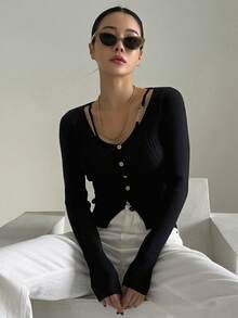 DAZY Women's Black Solid Color Hollow Slim Cardigan - Black - View 3