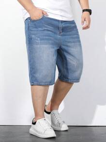 Manfinity Homme Men'S Plus Size Whiskered Straight Denim Shorts - Blue - View 5