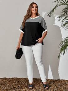 EMERY ROSE Áo thun tay cánh dơi họa tiết sọc cỡ lớn cho nữ mùa xuân, mùa hè - Đen và trắng - Xem 5