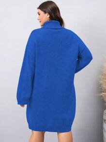 Mulvari 女士加大碼高領純色毛衣連衣裙 - 藍色 - 查看 2
