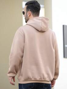 Men's Plus Size Character Letter Print Drawstring Hooded Fleece Sweatshirt - Coffee Brown - View 2