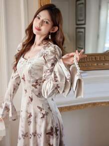 DAZY 蝴蝶图案喇叭袖连衣裙，荷叶边，秋季花卉连衣裙 - 杏色 - 查看 7