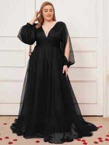 大码女式褶饰网眼长袖开衩晚礼服 - 黑色 - 查看 1