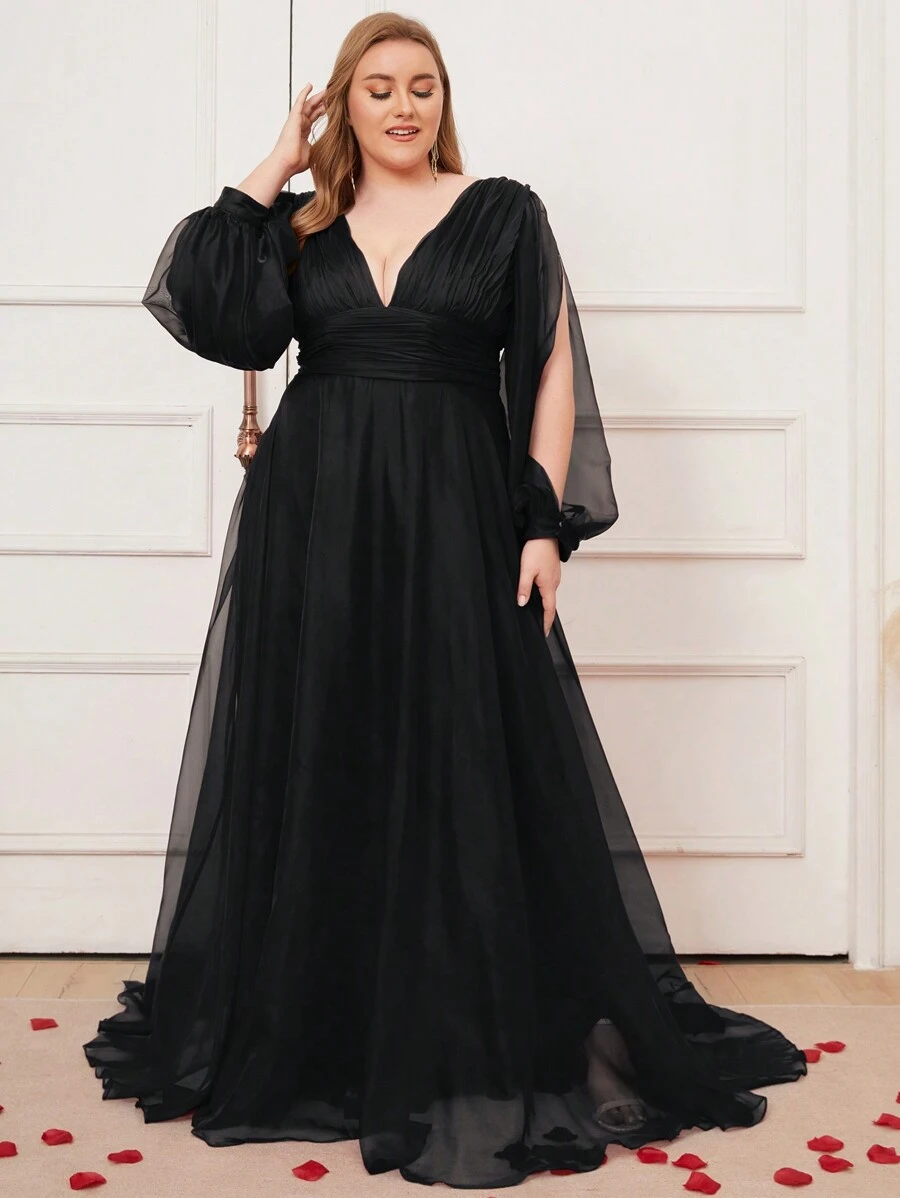 大码女式褶饰网眼长袖开衩晚礼服 - 黑色 - 查看 1