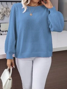 Calvaya 大尺碼女款燈籠袖套頭毛衣 - 霧霾藍 - 查看 3