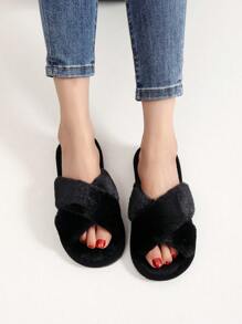 Fall/Winter New Style Crossed Strap Fluffy Women's Indoor Slippers, Fashionable And Simple, Quiet And Soft Home Slippers