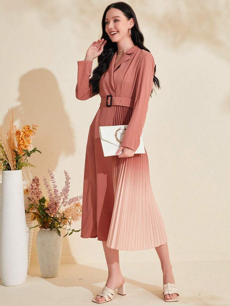 Women'S Color-Blocked Collar Pleated Hem Belted Dress Fall Cloth For Women