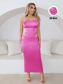 SHEIN SXY Women's Fuchsia Pink Summer Seksi Chic Party 2pcs Outfit,Glossy Satin 3D Floral Tube Top And Skirt Set,Corset Top Prom Bachelorette Cocktail Dress - Pink - View 1