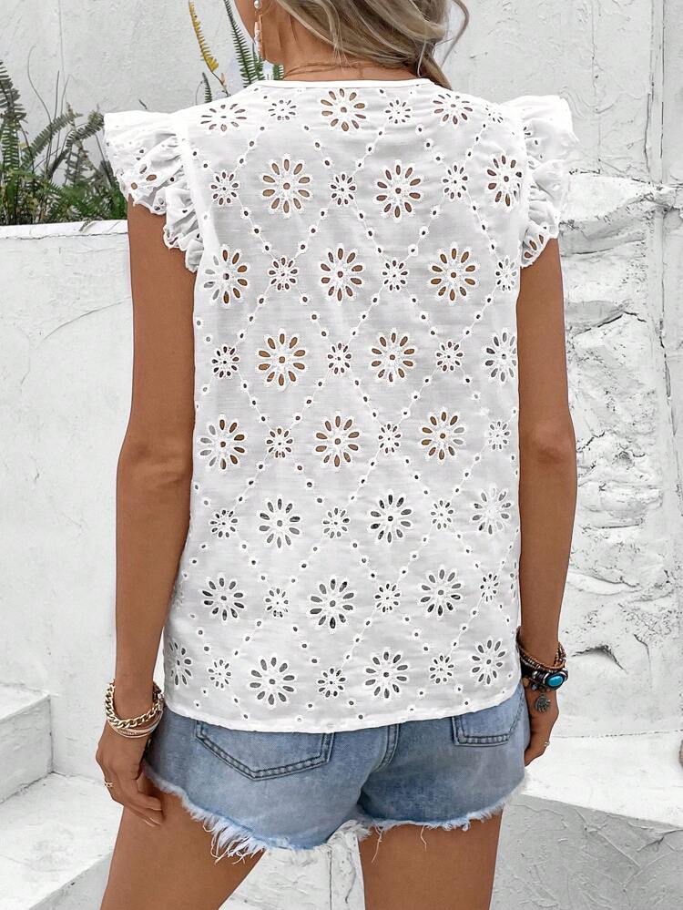 Embroidered Lace Trimmed Mesh Blouse With Cut-Out Embroidery Detail