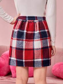 少女校風格子束帶 A 字裙 - 紅色 - 查看 2