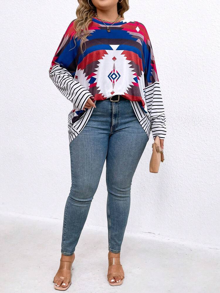 Plus Size Geometric Printed Batwing Sleeve T-Shirt