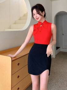 EastFlair 女士百搭不对称下摆修身紧身黑色半身裙