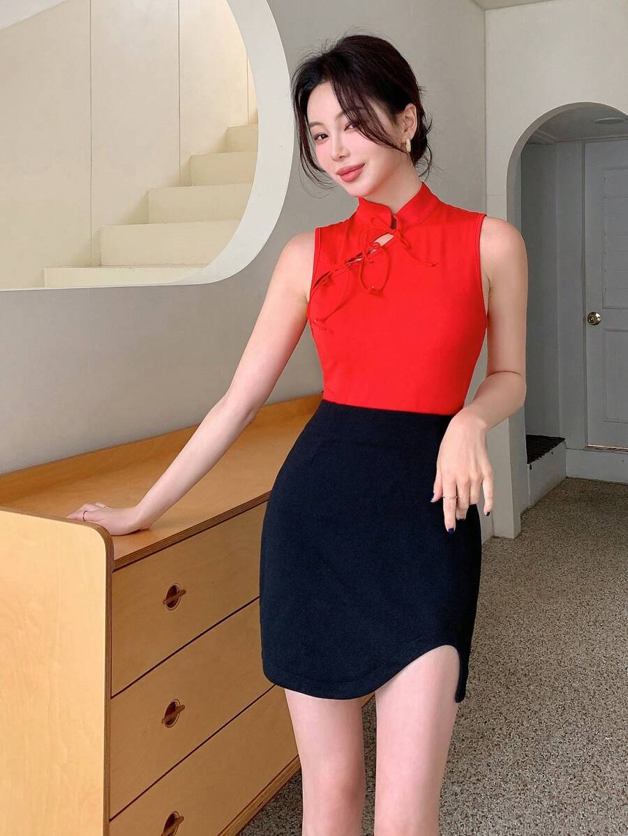 EastFlair 女士百搭不对称下摆修身紧身黑色半身裙