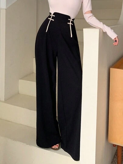 EastFlair 女士新款中式寬鬆褲,彩邊配飾,扣環裝飾