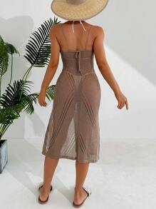 SHEIN Swim 女士吊带高开叉罩衫婚礼夏季连衣裙 - 卡其色 - 查看 2