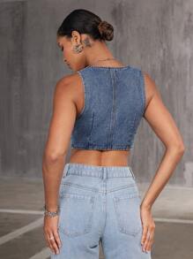 SHEIN BAE 女款單排扣環圈圈牛仔背心,無袖 - 藍色 - 查看 2