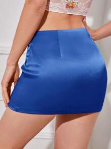 SHEIN ICON 女士纯色优雅缎面半身裙 - 寶藍色 - 查看 2