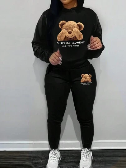 2pcs Women Cartoon Bear Print Sweatshirt And Sweatpants Set