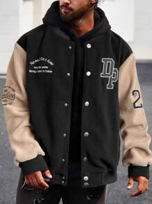 Manfinity Homme 男款寬鬆顏色塊運動夾克,印有字母圖形和下垂肩設計（不包括t恤） - 黑色 - 查看 1