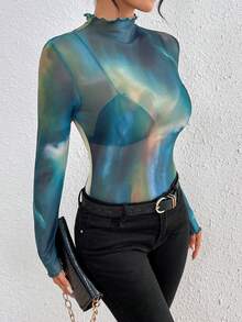 SHEIN Essnce 女式紮染立領上衣 - 綠色 - 查看 5