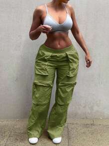 Solid Zipper Detail Flap Pocket Cargo Trousers - Green - View 3