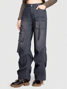 ROMWE Hippie Eo cao Chân thẳng Cargo Phong cách Quần jean - Xám - Xem 5