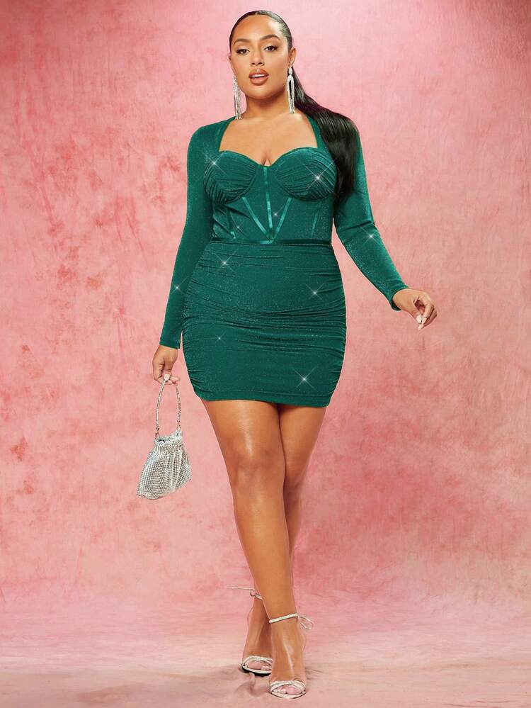 Women's Plus Size Sweetheart Collar Pleated Slim Fit Glitter Dress