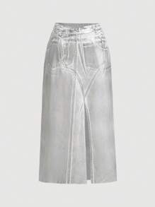 SHEIN ICON 女式大尺碼高開衩牛仔裙 - 彩色 - 查看 1