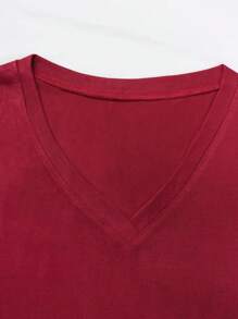 Của phụ nữ Màu thuần Áo , Cổ chữ V Ngắn tay - Màu Đỏ Sâu - Xem 4