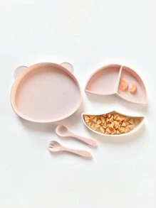 Cozy Pixies 5pcs/set Baby Feeding Set With Silicone Suction Bowl, Bib, Training Bowl, Fork And Spoon