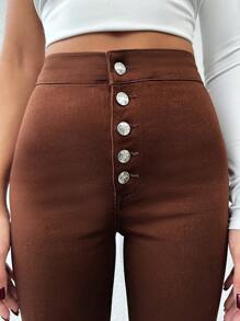 EURMUSE Button-Down Skinny Jeans - Brown - View 4