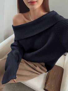 DAZY Off Shoulder Tay áo dài Áo len - Xanh đậm - Xem 5