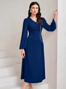 Modelyn 女士珍珠裝飾氣球袖連衣裙 - 藍色 - 查看 1