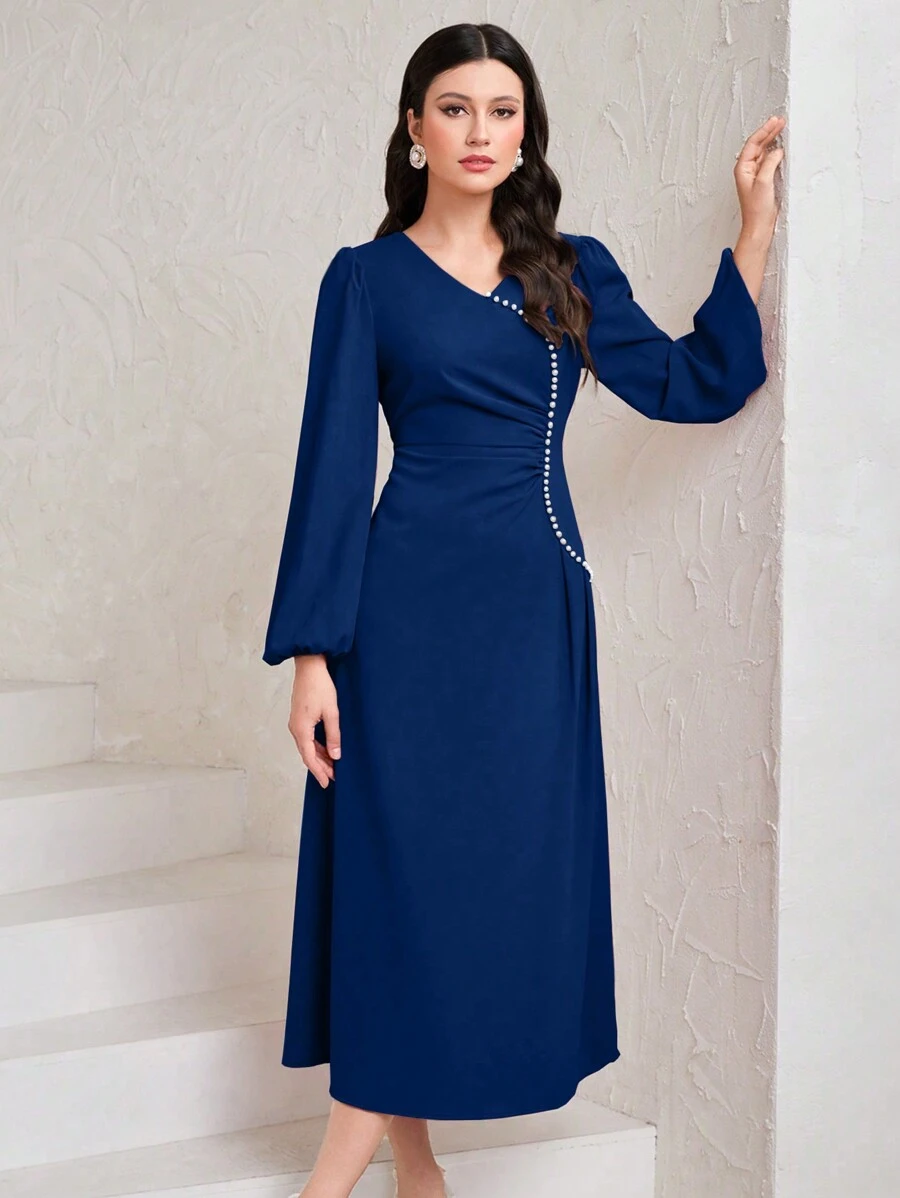 Modelyn 女士珍珠裝飾氣球袖連衣裙 - 藍色 - 查看 1
