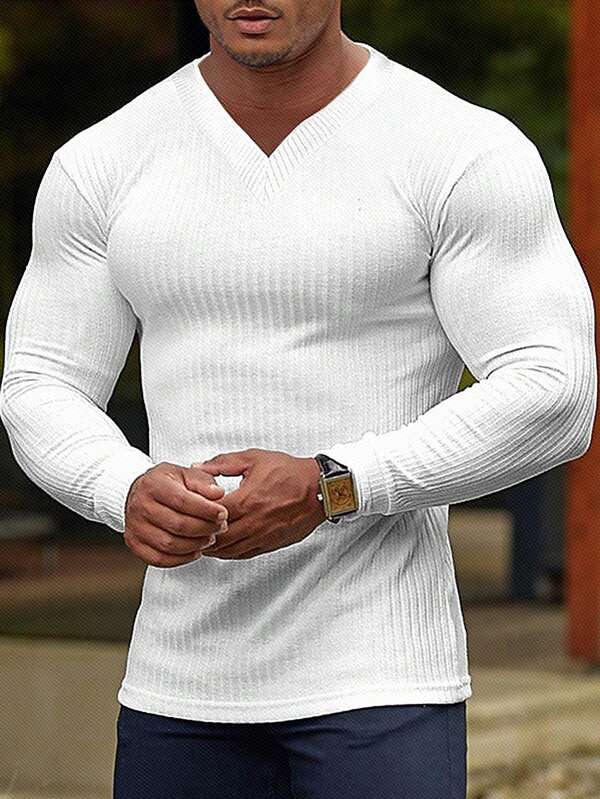 EGENSIO Camiseta de manga larga con cuello en V liso y acanalado, estilo vintage para hombres, para hacer ejercicio, para amigos, otoño