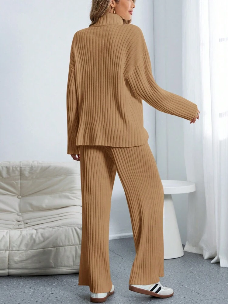 Ladies' Solid Color High Neck Sweater And Wide Leg Pants Two-Piece Set
