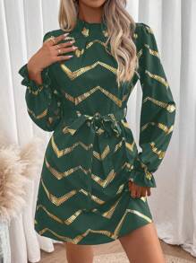 SHEIN Clasi 女款燙金人字紋斜紋印花束帶連身裙 - 墨綠色 - 查看 5