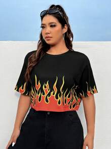Coolane Plus Size Casual Contrast Color Flame Print Cropped Summer T-Shirt - Multicolor - View 5