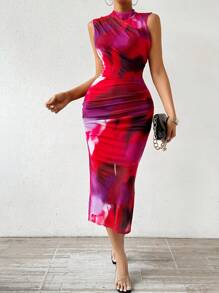 SHEIN Privé 女款修身無袖網紗印花洋裝 - 彩色 - 查看 4