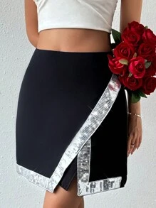 SHEIN Privé Falda Con Dobladillo Asimétrico Con Lentejuelas En Contraste - Negro - Ver 1