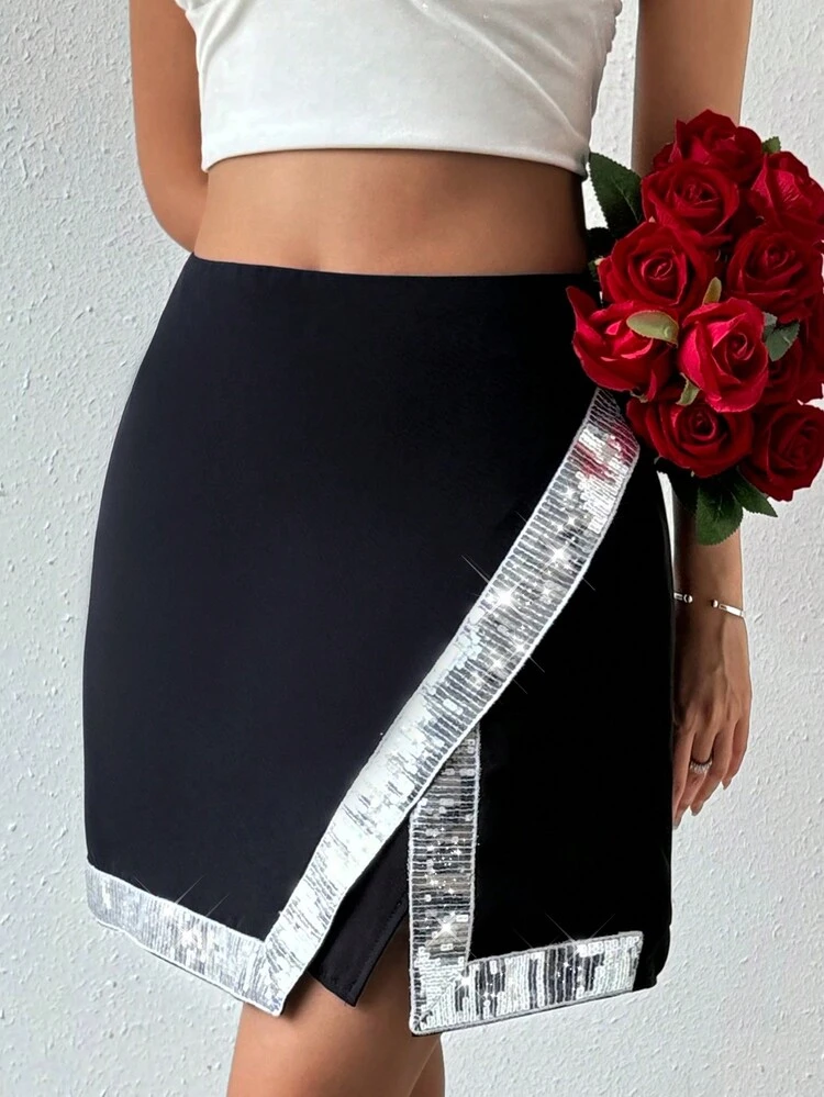 Contrast Sequin Asymmetrical Hem Skirt