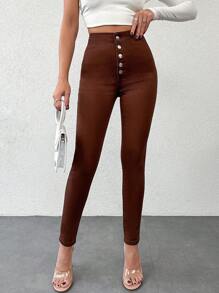 EURMUSE Button-Down Skinny Jeans - Brown - View 3