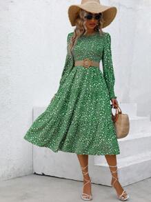 EMERY ROSE 女性長袖花卉印花連衣裙 - 綠色 - 查看 3