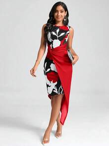 SHEIN Clasi 女士花卉印花扭结不对称下摆连衣裙 - 紅色 - 查看 4