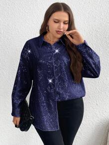 SHEIN LUNE Plus Size Long Sleeve Sequin Shirt - Navy Blue - View 3